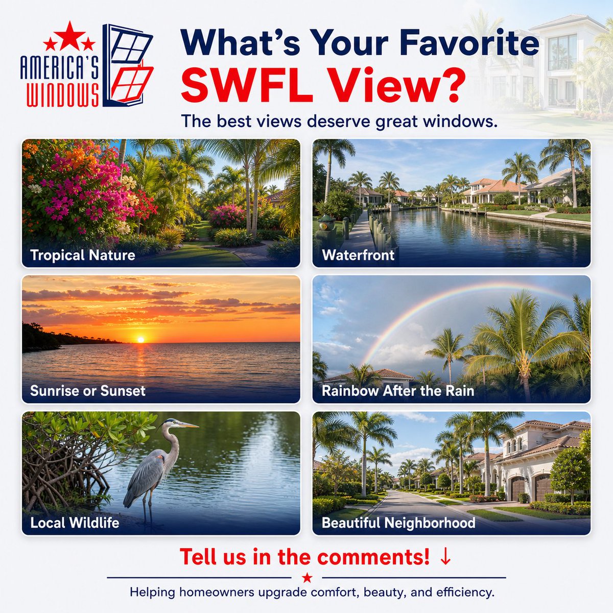AMWindowsFL's tweet photo. What’s your favorite SWFL view?

🌴Tropical Nature
🐬Waterfront
🌅Sunrise or Sunset
🌈Rainbow After the Rain
🦅Local Wildlife
🏡Beautiful Neighborhood

Share your favorite in the comments, or better yet, tell us what you see when you look out your favorite window! https://t.co/bqIOCQI7az