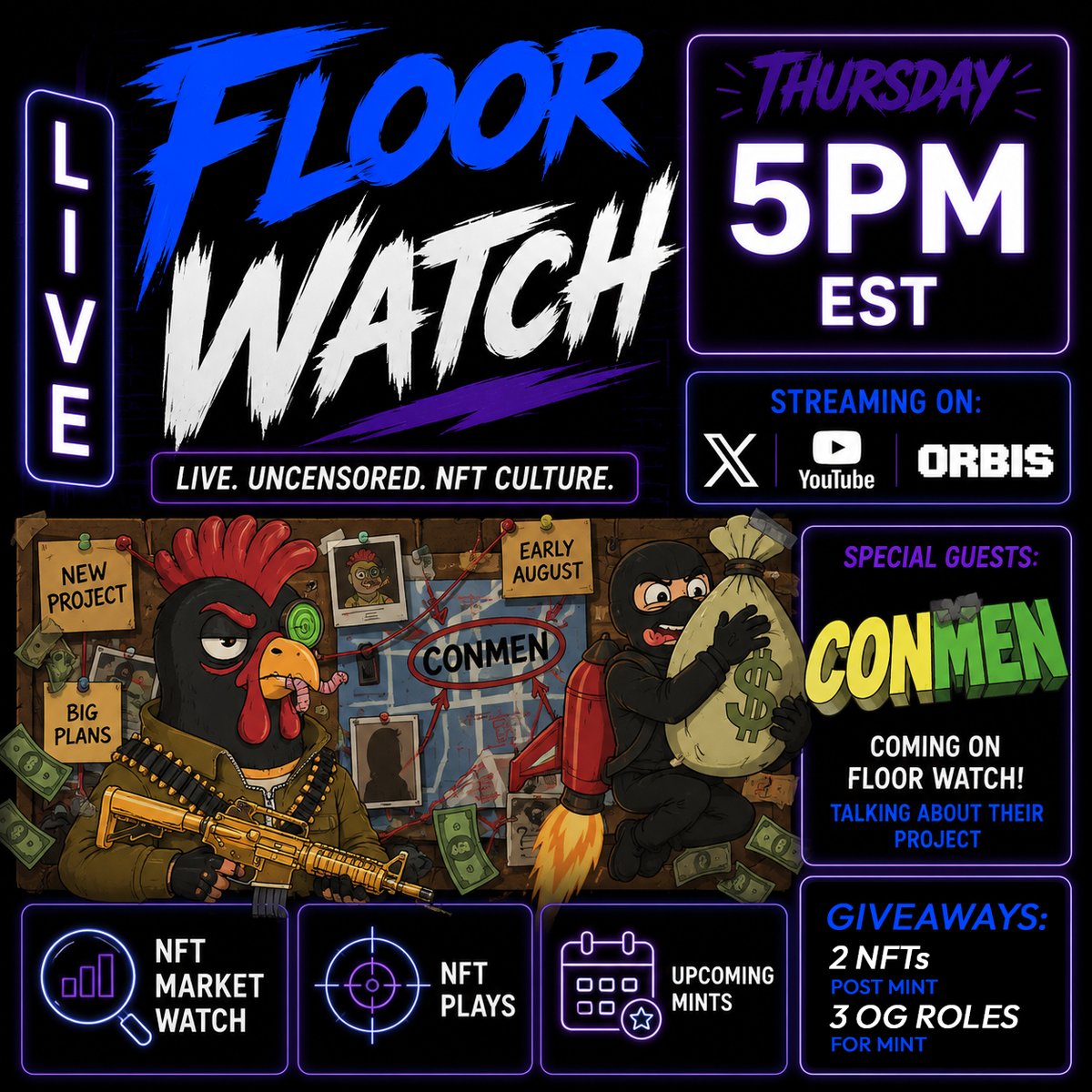 luckysol777's tweet photo. Floor Watch is back tomorrow with the @TheConmenNFT - Hyped upcoming mint and we'll dive in on what they have got cooking. 

@TADIGITAL1 and I will be joined by 2 of the 3 founders @ayab7501 & @xIAMVx 

🎟️ We'll also be giving away 2 NFTs (post mint) + 3 OG Roles for the mint.

🚨1 OG will be picked from the list of people who like + Retweet this post.