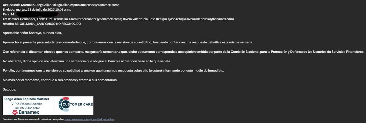 ELMANU_SAN's tweet photo. 7 días sin respuesta folio I5101611584, el personal de @BanamexContacto califica el dictamen 2025/350/18031 de @CondusefMX como "solo una opinión" Art. 68 Bis dicta que es un TÍTULO EJECUTIVO. Diego Espínola, Ericka Ramírez, José Rivera: sigo esperando la solución. #FraudeBanamex https://t.co/fK5w7NQ3Pz