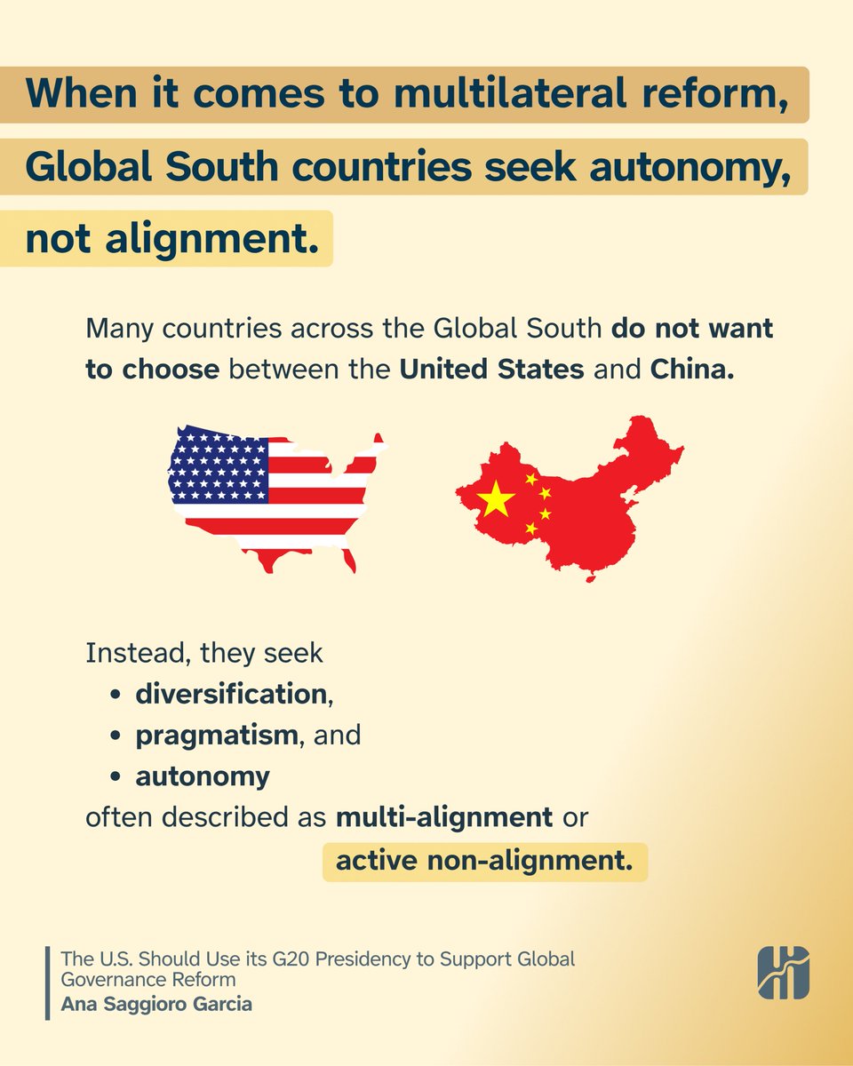 GSPHub's tweet photo. U.S. trade unilateralism and multilateral disengagement risk alienating Global South countries and accelerating their search for alternative institutions and partnerships.

Yet, many Global South countries want to diversify their partnerships rather than pick sides.

Nonresident Fellow @anasaggioro argues that the U.S. government should work with that reality, not against it.

See her recommendations: https://t.co/vtp5JncMLR

@BRICSPolicy @UFRRJ  @g20org

#GlobalSouth #G20 #BRICS