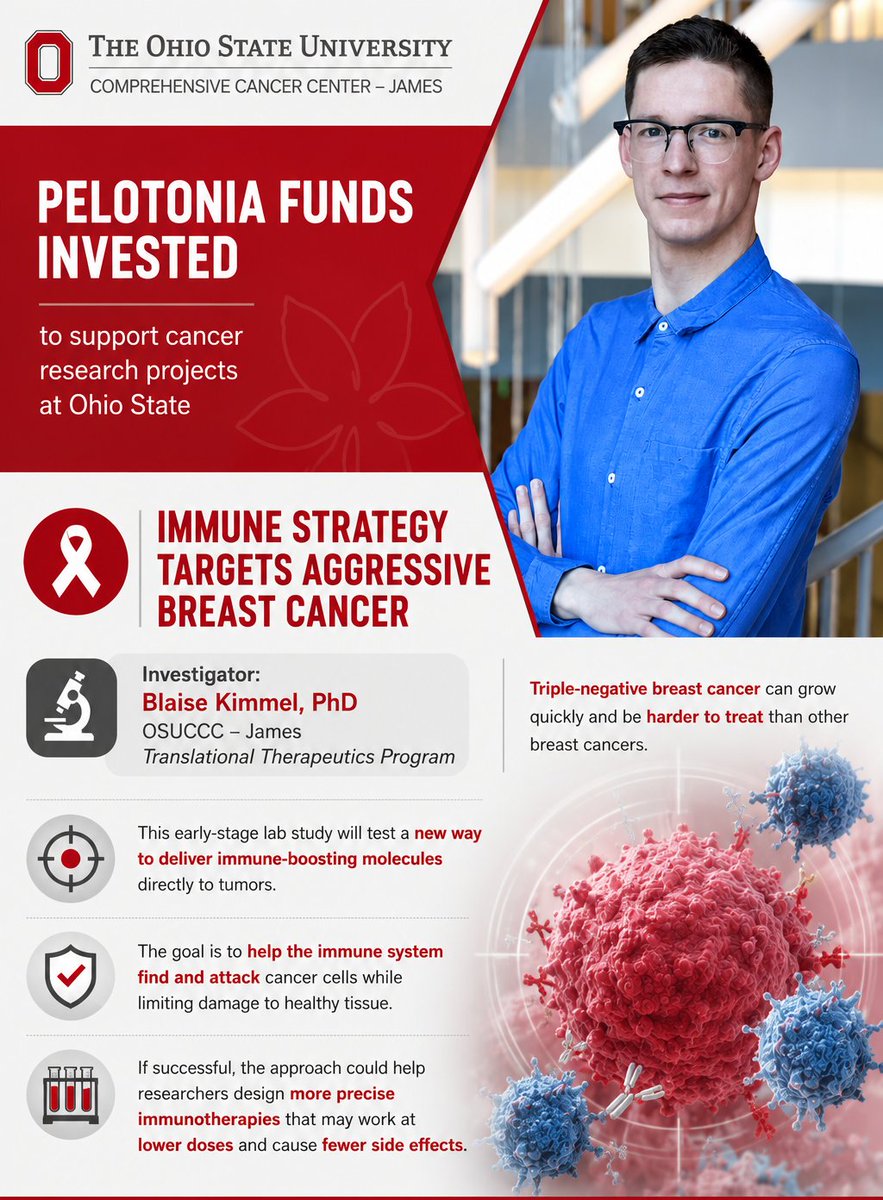 OhioStatePIIO's tweet photo. 🚴 @Pelotonia-funded #CancerResearch at @OhioState is advancing new treatments for #BreastCancer. #PIIO member Dr. Blaise Kimmel  is testing an #immune_targeting approach for aggressive #TNBC , aiming for more precise therapies with fewer side effects. https://t.co/F9heYcxE38