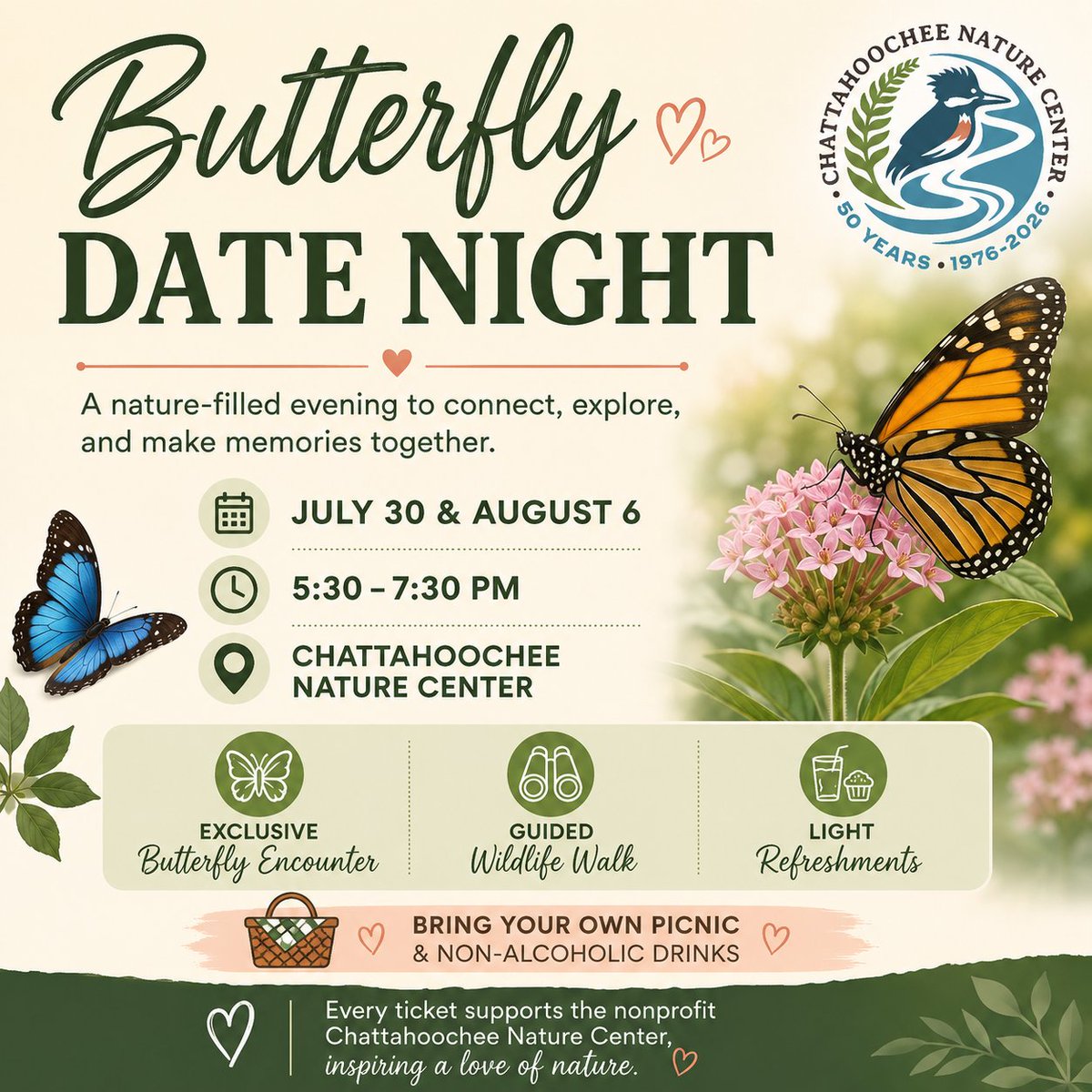 BobEllisFulton's tweet photo. 🦋 Looking for a unique date night? Treat your special someone to Butterfly Date Night at the @CNCNature on July 30 or August 6. Register today: https://t.co/onGerfdXdH. Every ticket supports the CNC, a nonprofit connecting people with nature! 🌿
#datenight #butterflyencounter #chattnaturecenter #exploregeorgia #naturelovers