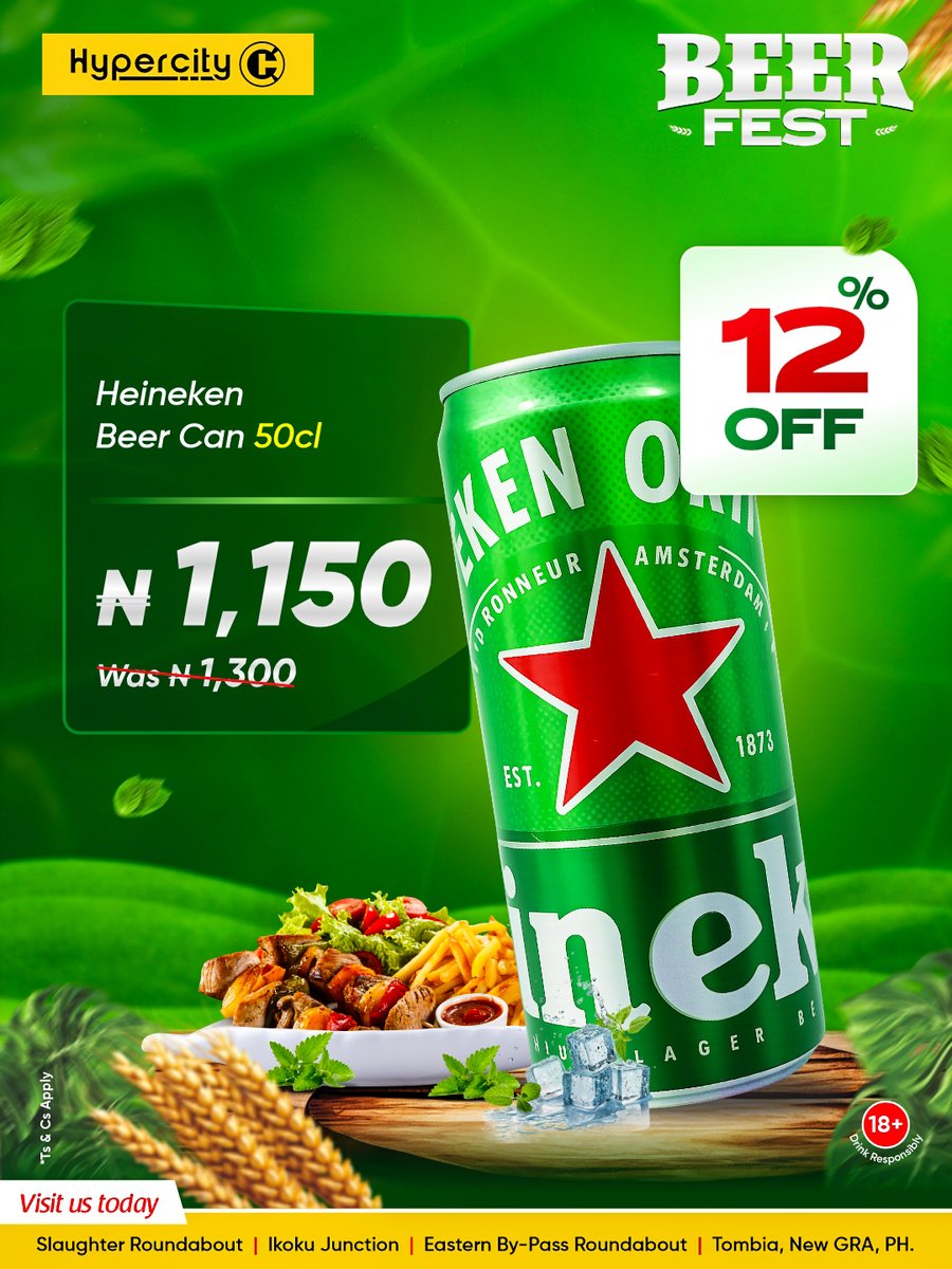 HypercityNg's tweet photo. Save ₦1,800 on a crate of Heineken this week. 🧮

Every brand on the shelf came down:
Heineken — save ₦150
Legend Stout — save ₦100
Trophy — save ₦50

Save this post for your next shop.

Ends 3rd August.
📍 All four PH stores.

18+. Drink responsibly.
T&amp;Cs apply. https://t.co/3TLwStfbs9
