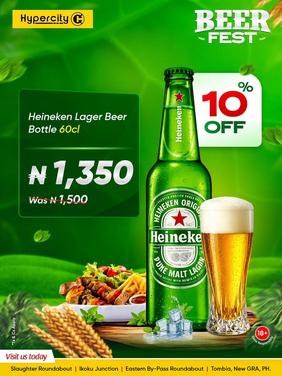 HypercityNg's tweet photo. Save ₦1,800 on a crate of Heineken this week. 🧮

Every brand on the shelf came down:
Heineken — save ₦150
Legend Stout — save ₦100
Trophy — save ₦50

Save this post for your next shop.

Ends 3rd August.
📍 All four PH stores.

18+. Drink responsibly.
T&amp;Cs apply. https://t.co/3TLwStfbs9