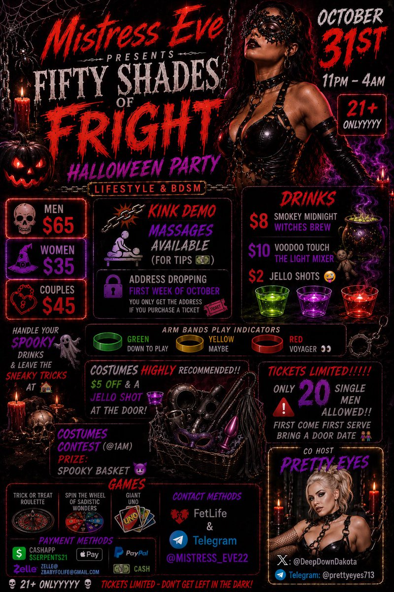 is_that_sneaky's tweet photo. 🎃 Mistress Eve Presents: Fifty Shades of Fright 🎭
October 31 • 11:00 PM – 4:00 AM
Halloween only comes once a year... so leave your human skin at the door and embrace your darkest alter ego.
Join Mistress Eve for Fifty Shades of Fright, an exclusive 21+ Lifestyle & BDSM Halloween Party where mystery, temptation, and unforgettable experiences collide. Whether you're a seasoned member of the lifestyle or simply looking for a respectful, open-minded environment to celebrate Halloween, this is your invitation to indulge in an evening unlike any other.
Slip into your favorite costume, don a masquerade mask, and immerse yourself in a night filled with music, laughter, connection, education, and deliciously spooky surprises.
👻 What to Expect
Lifestyle-friendly atmosphere
BDSM Demos
Costume Contest at 1:00 AM
Spooky Basket Prize for the winner
Interactive games and social mixers
Professional massages available for tips
Signature Halloween cocktails:
Smokey Midnight Witches Brew – $8
Voodoo Touch the Light Mixer – $10
Jello Shots – $2
🎭 Play Indicator Wristbands
💚 Green – Open to play
💛 Yellow – Maybe / Ask first
❤️ Red – Voyager👀
🎟 Admission
Single Gentlemen — $65
Single Ladies — $35
Couples — $45
BYOW🍃,BYOC 😈
Only 20 single men will be admitted, so secure your ticket early.
🎃 Wear a costume and receive  a complimentary Jello Shot at the door!
📍 Location will be released during the first week of October and only to ticket holders.
🖤 House Rules
Consent is mandatory. Respect boundaries. Ask before touching. No means no. Handle your spooky drinks, leave the sneaky tricks at home, and help us create a fun, welcoming, judgment-free atmosphere for everyone.
Whether you're looking to dance, socialize, learn, celebrate Halloween, or simply enjoy an unforgettable adults-only evening, Fifty Shades of Fright promises a night filled with mystery, excitement, and wickedly good memories.
🎟 Tickets are limited—don't wait until it's too late