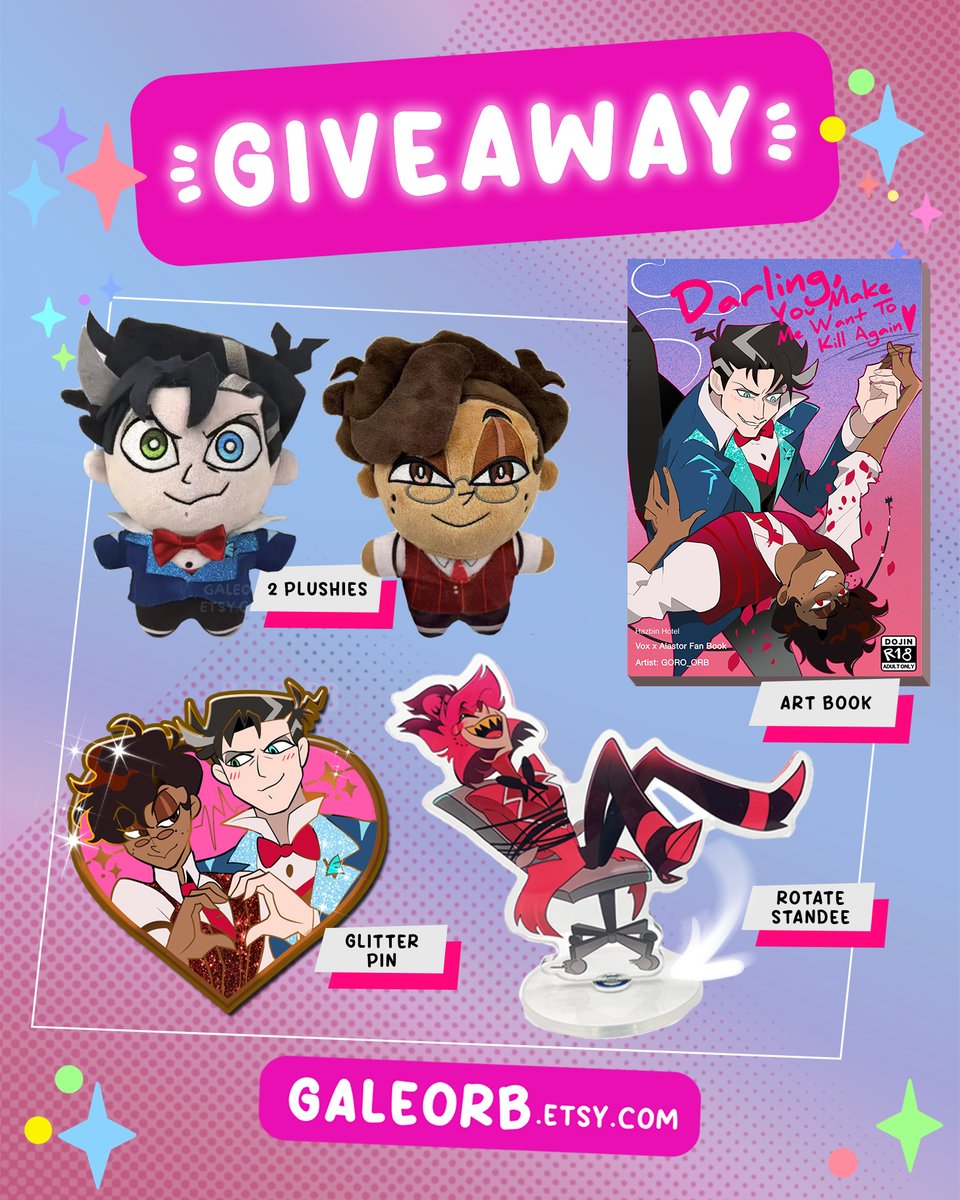 goro_orb's tweet photo. ⭐️ GIVEAWAY ⭐️

I'm doing a giveaway! 1 winner gets a full Alastor &amp; Vincent bundle for free. 

How to enter:  
1. Follow me  
2. RT + like this post

Shipping is international. If you already bought and win you get reimbursed. Good luck!! :3 https://t.co/7yC8Li19wc