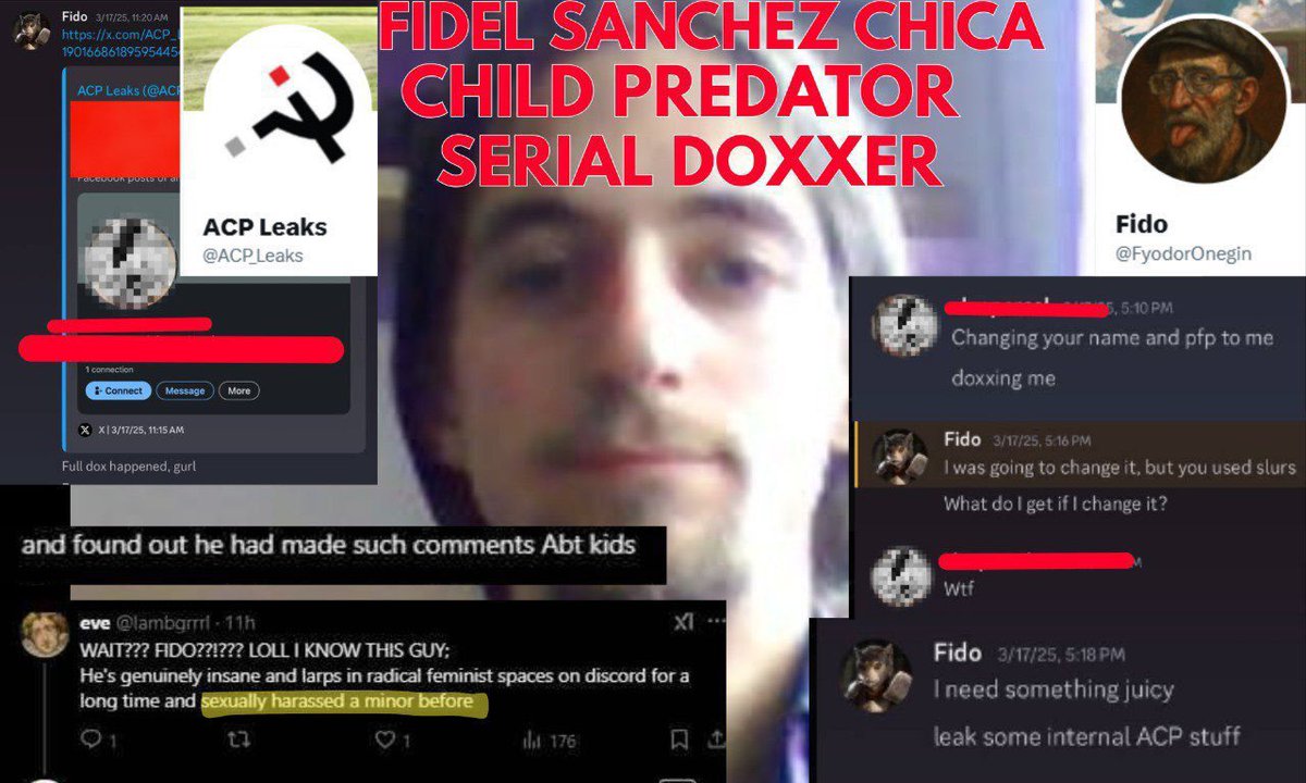 Dark_Kamar0v's tweet photo. "ACP LEAKS" LEAKED 🚨

Meet Fidel Sanchez Chica 🇪🇸 a.k.a. Fido the Pedo (@FyodorOnegin)

He has held a grudge ever since his unsettling behavior was called out in the IGG Discord

Turns out he has a history of grooming minors in feminists Discords, and selling hentai mags to kids https://t.co/CPD3I85PPY