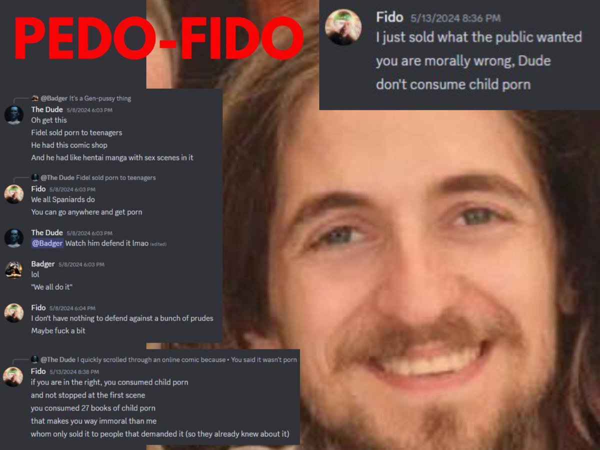Dark_Kamar0v's tweet photo. "ACP LEAKS" LEAKED 🚨

Meet Fidel Sanchez Chica 🇪🇸 a.k.a. Fido the Pedo (@FyodorOnegin)

He has held a grudge ever since his unsettling behavior was called out in the IGG Discord

Turns out he has a history of grooming minors in feminists Discords, and selling hentai mags to kids https://t.co/CPD3I85PPY