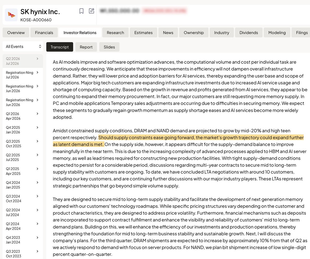 TheTranscript_'s tweet photo. $SKHY SK Hynix Exec: Memory supply-demand tightness should persist

"On the supply side, however, it appears difficult for the supply-demand balance to improve meaningfully in the near term. This is due to the increasing complexity of advanced processes applied to HBM and AI server memory, as well as lead times required for constructing new production facilities. With tight supply-demand conditions expected to persist for a considerable period, discussions regarding multi-year contracts to secure mid to long-term supply stability with customers are ongoing"