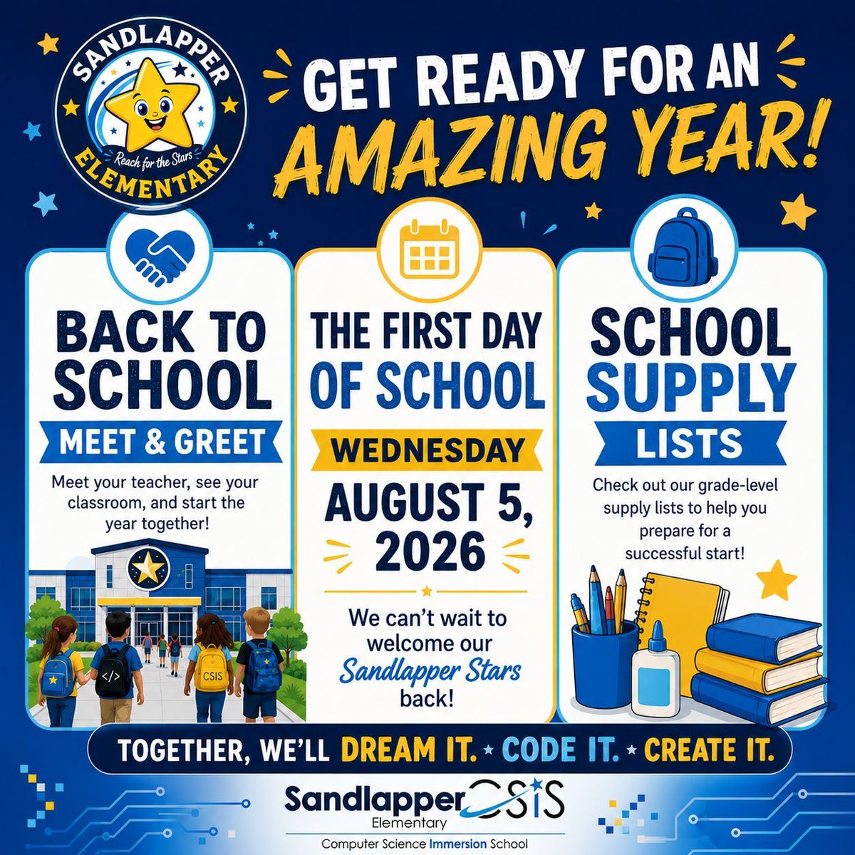 SEstarsR2's tweet photo. The countdown has begun!
🤝 Back to School Meet &amp; Greet - August 3rd

📅 First Day of School - August 5, 2026

🎒 School Supply Lists
Grade-level supply lists are now available to help your child start the year prepared and ready to learn.

📲 Visit our website for more info. https://t.co/ucmba3TpV6