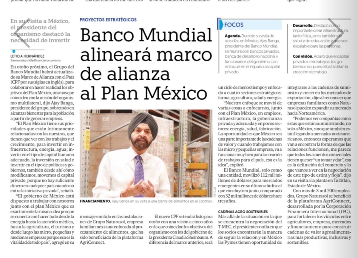 letymoron's tweet photo. #BancoMundial colaborará en hacer realidad las metas de #empleo del #PlanMexico dijo Ajay Banga, presidente del organismo. Hoy se reúne con la presidenta Claudia Sheinbaum.
@BancoMundialLAC @ElFinanciero_Mx https://t.co/K1WCCk0WGj