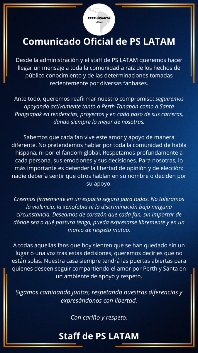 PerthSantaLATAM's tweet photo. COMUNICADO OFICIAL DE PS LATAM / OFFICIAL STATEMENT FROM PS LATAM 🖤🤍
​Les dejamos un comunicado importante de parte de todo el equipo de PS LATAM. Agradecemos enormemente su tiempo, lectura y constante apoyo hacia nuestros chicos y nuestra comunidad. 🙏

​En las imágenes encontrarán el comunicado completo en español e inglés. / Swipe to read the full statement in Spanish and English. 📄👇
​
#เพิร์ธแซนต้า #PerthSanta #PerthTanapon #Santapp #PSLATAM