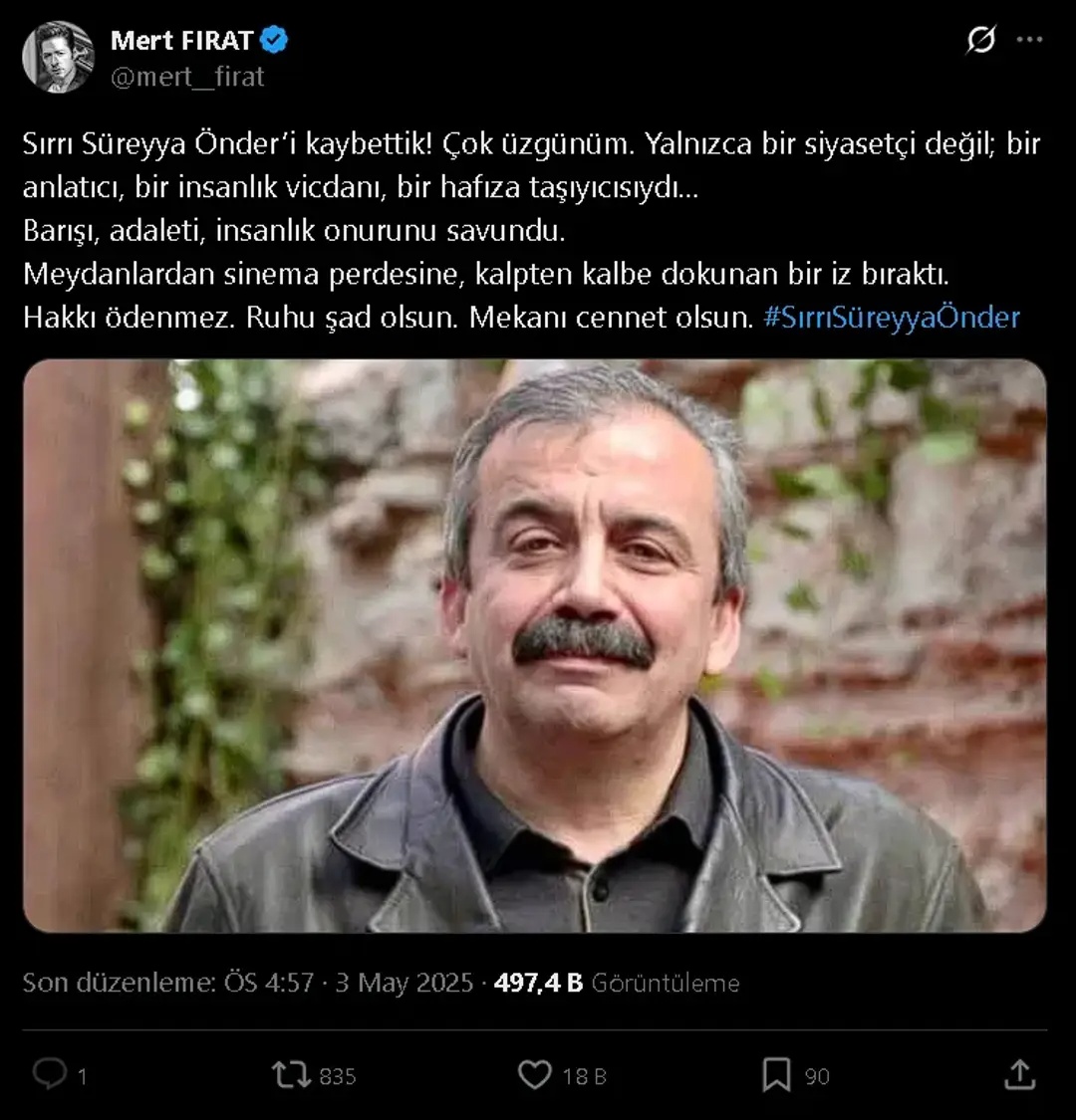 millitavircom's tweet photo. Mert Fırat, X gönderisinde Sırrı Süreyya Önder'i övdüğü için arşivimize kaydedilmiştir. Tüm arşiv listesi için https://t.co/G578z1q3R5 https://t.co/3rKmPnqkcH