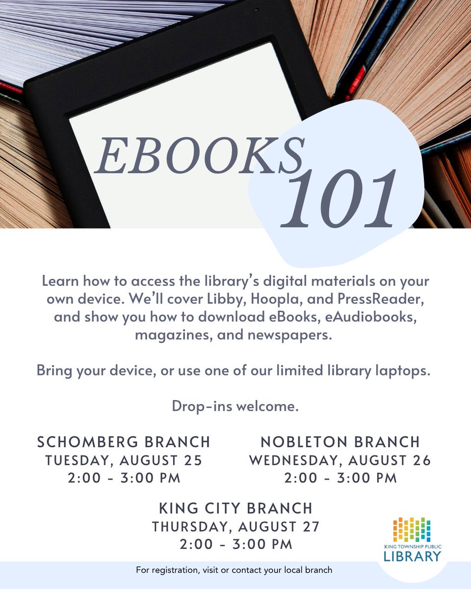 KingLibraries's tweet photo. Want to read or listen on the go? 📱✨ Join us at your local branch to learn how to use Libby, Hoopla & PressReader on your phone, tablet, or computer.
Bring your device or use one of ours! Pre‑register or just drop in.
#Libby #Hoopla #PressReader #KingLibraries https://t.co/7beyi3RqiV