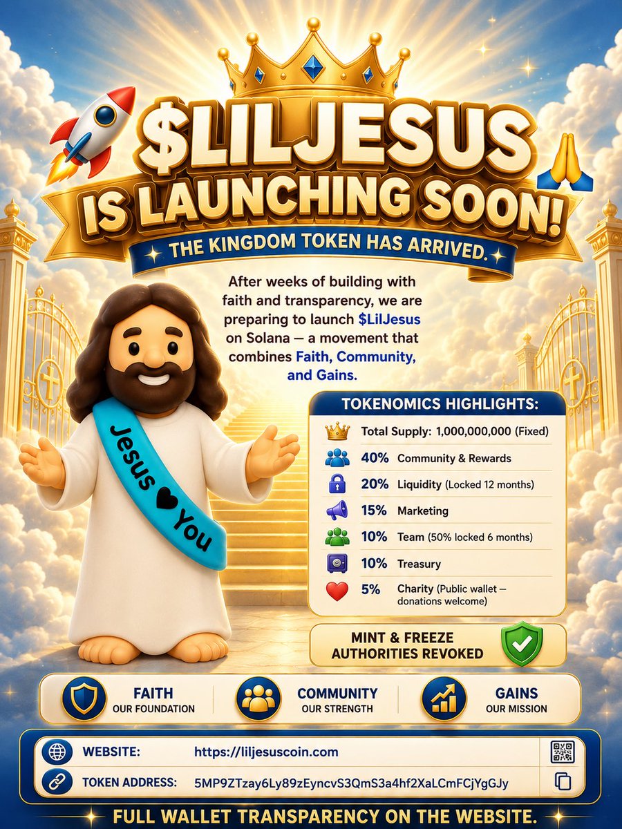 LilJesusCoin's tweet photo. 👑 THE KING IS COMING. 🚀

The countdown is almost over.
Soon, $LilJesus launches on Solana, and we couldn't be more excited to welcome everyone who has joined this journey.
What started as an idea inspired by Faith, Community, and Gains has grown into an amazing community, and tomorrow is just the beginning.

🙏 Thank you for believing in the vision. 🤝 Thank you for building with us. 🚀 Let's make launch day one to remember.

🌐 Website: https://t.co/9xXyAaI1qB

📍 Token Address 5MP9ZTzay6Ly89zEyncvS3QmS3a4hf2XaLCmFCjYgGJy

Hold Faith. Hold $LilJesus.

#LilJesus #FaithCommunityGains #Solana #CryptoLaunch #KingdomToken #CryptoCommunity #WelcomeToTheFlock #BuiltOnFaith