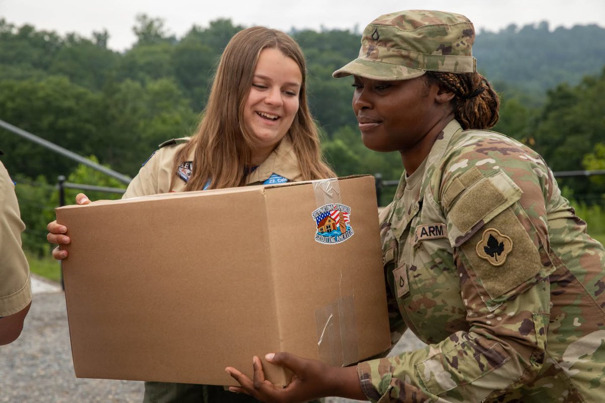 USNationalGuard's tweet photo. Collecting and donating flood supplies is a legacy community service project for attendees of Scouting America National Jamboree, but this year, Scouts are seeing the impact of service in real time after a disastrous storm hit during the Jamboree. (1/2) https://t.co/veRTrpKw1T