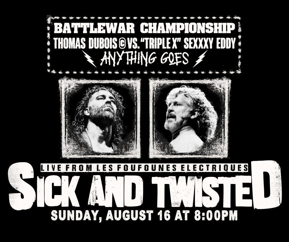 TheBATTLEWAR's tweet photo. .@SeXXXyEddy69 did something earlier this month that does not happen often – he pinned Thomas Dubois.

That was in tag team action, but on August 16 at @LesFoufs, it will be in a singles action and the BATTLEWAR Championship will be on the line.

Oh, and…it’s anything goes. https://t.co/AZeL3wHljA