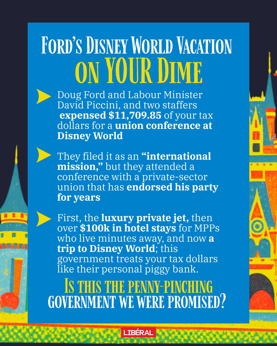 OntLiberal's tweet photo. Ontario families are watching every dollar.

Meanwhile, Doug Ford and David Piccini and their staff billed taxpayers more than $11,700 to attend a conference at Disney World hosted by a private-sector union that had already endorsed the government.

Ontarians deserve a government that's focused on serving the public—not treating public money like it's theirs to spend.

#onpoli