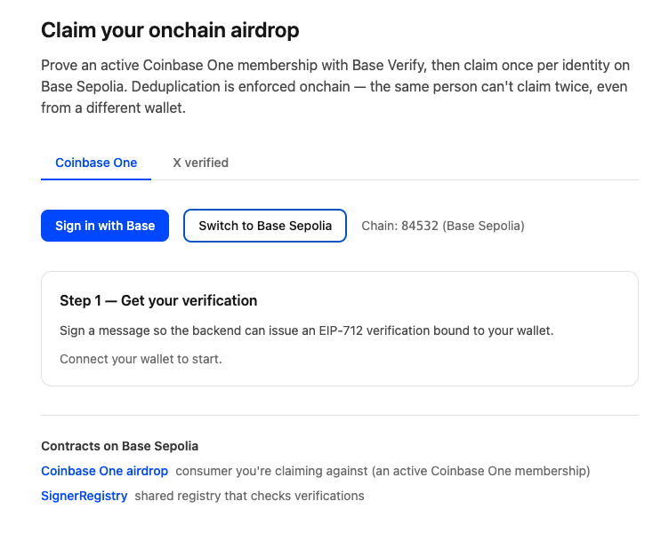 mrKatanaETH's tweet photo. 🚨 BREAKING

What if the next generation of airdrops isn't about wallets... but about people?

Base is testing Base Verify, an on-chain identity layer designed to make one person = one claim possible without relying on traditional KYC.

The current demo lets users:

• Connect a Base Sepolia wallet
• Verify accounts like Coinbase One and X
• Sign an on-chain verification message
• Claim a demo BASE airdrop

After claiming, an identity hash is stored on-chain, preventing the same individual from claiming again through multiple wallets while keeping personal information private.
This matters for more than just airdrops.
Sybil resistance has become one of the biggest challenges in Web3.
If protocols can reward real participants instead of wallet farms, future token distributions could become significantly fairer and more valuable for genuine users.

Identity is starting to become infrastructure.

Not for surveillance.

For proving uniqueness without sacrificing privacy.

That shift could influence how future ecosystems approach rewards, governance, and reputation.

https://t.co/HLSnaaIjgl