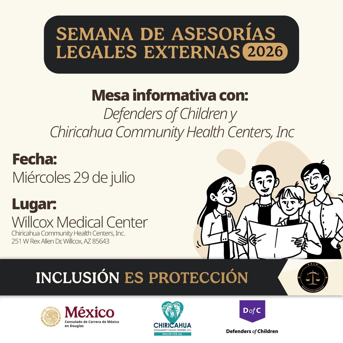 ConsulMexDou's tweet photo. ⚖️ ¿Dudas sobre divorcio, custodia o derecho familiar? Este 29 de julio, #ConsulmexDouglas te invita a la Mesa Informativa con Defenders of Children, en Willcox Medical Center, de 9 a. m. a 1 p. m. 📞 520-226-1356 #PALE https://t.co/D0mZD889U6