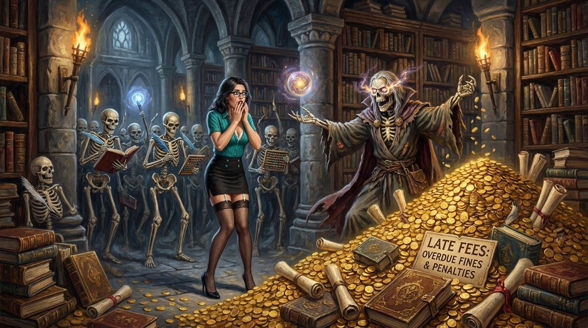 AliceFNGarea's tweet photo. Went into the forbidden section of the library to complete my morning duties and was confronted by this lot, who said I owed overdue fees. I have no idea what they’re talking about, but it doesn’t look like I’ll be completely my morning duties on time. https://t.co/SXtsg3aOln