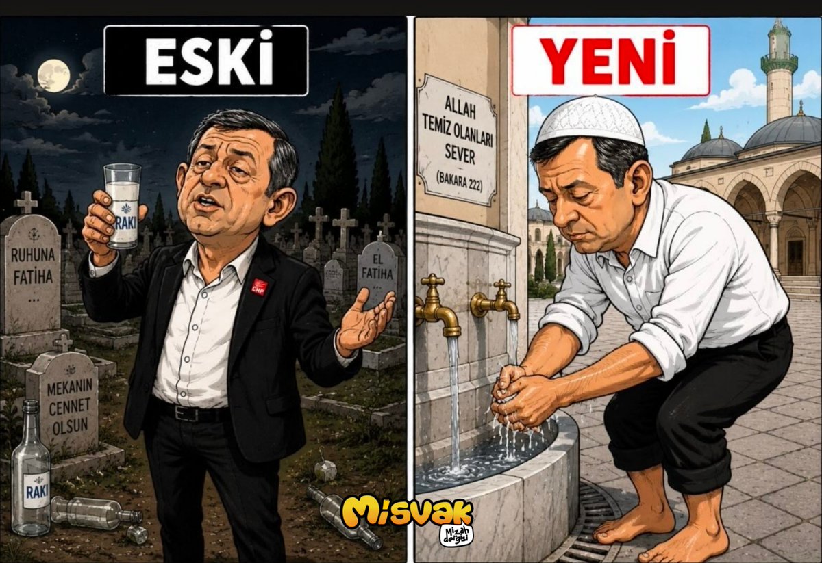 misvakcaps's tweet photo. Laiklik elden gidiyor (!)

Kamer Genç'in mezarı başında içkili ayin yapan Özgür Özel, Yeni Parti kurunca abdest aldığı görüntüler (ne hikmetse) sosyal medyada yayıldı.

Eski Parti                   /                    Yeni Parti https://t.co/ViVXuqSSNH
