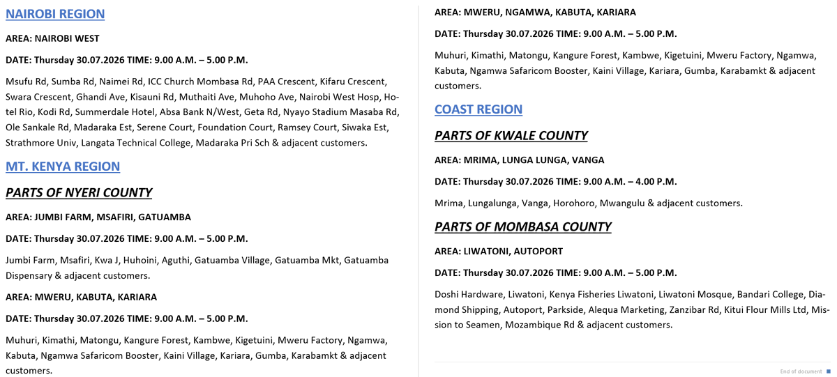 KenyaPower_Care's tweet photo. Good evening. The listed areas will be under planned power maintenance tomorrow (30th July 2026). The interruption is part of network maintenance. We regret any inconvenience that may occur during the operations. For the advance notice, use https://t.co/5jPS0m9LMC. ^R.O https://t.co/z9cooEt5Ij