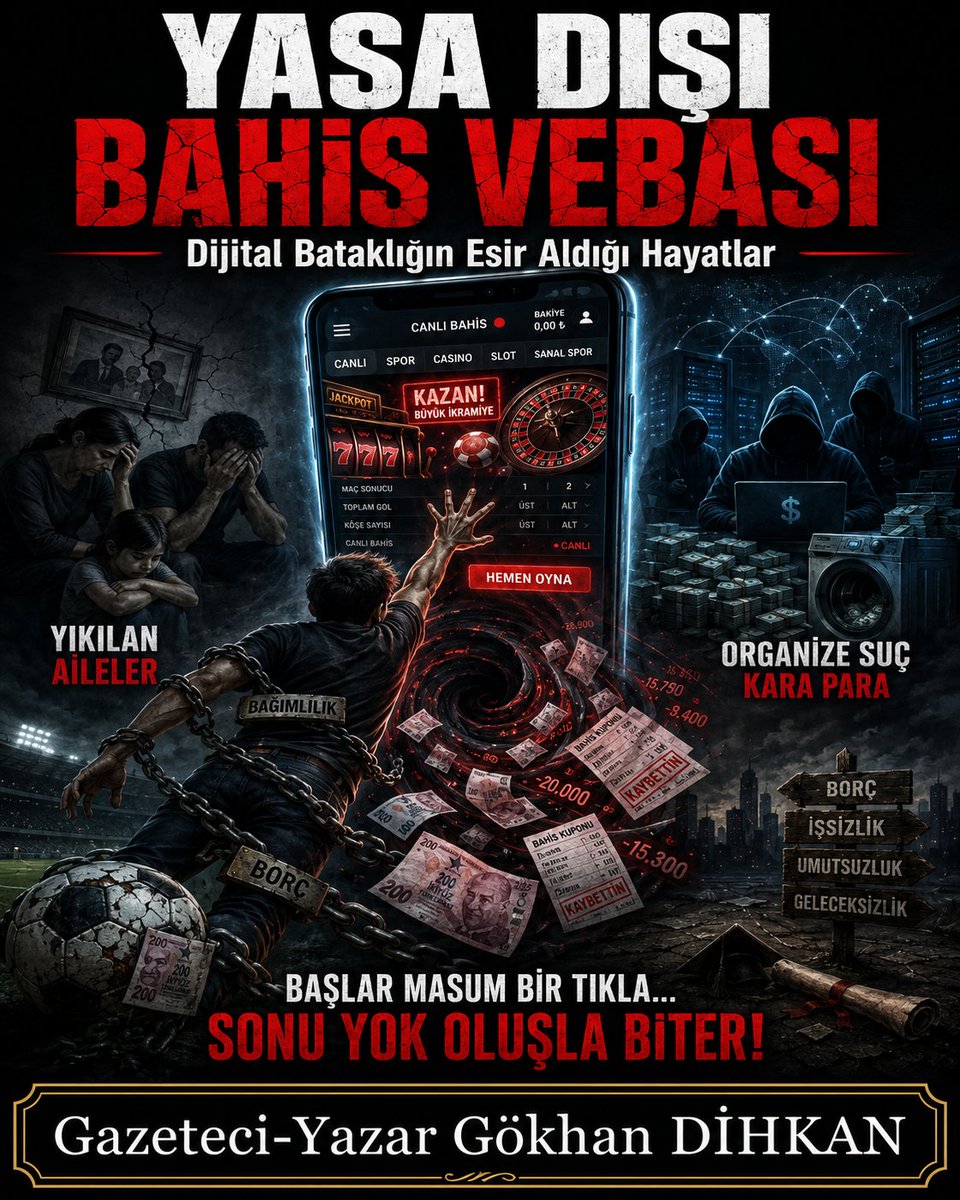 dihkan61's tweet photo. 🔴 DİJİTAL BATAKLIĞIN ESİR ALDIĞI HAYATLAR:
YASA DIŞI BAHİS VEBASI VE GELECEĞİMİZİ YUTAN MİLYARLARCA DOLARLIK KİRLİ ÇARK

▶️ Cebimizdeki Akıllı Telefonlardan Evlerimizin İçine Sızan Sanal Kumarhaneler; Sadece Bireysel Servetleri Değil, Aileleri, Toplumsal Ahlakı, Sporun Ruhunu ve Devletin Güvenliğini Tehdit Eden Devasa Bir Suç İmparatorluğuna Dönüştü.

✳️ Gazeteci-Yazar Gökhan DİHKAN | Trabzon / 29 Temmuz 2026

1. Giriş: Dijital Ceplerdeki Tutsaklık ve Sessiz İşgal

Bugün toplum olarak sessiz, görünmez fakat her geçen gün katlanarak büyüyen ölümcül bir işgalle karşı karşıyayız. Öyle bir işgal ki bu; ne sınır boylarında davul zurnayla geliyor ne de açıkça bayrak sallıyor.
Cebimizde taşıdığımız o sözde akıllı telefonların pürüzsüz ekranlarından oturma odalarımıza, çocuk odalarımıza kadar sızan; gençliği, geleceği ve toplumsal dokuyu için için kemiren devasa bir bataklıktan bahsediyoruz: Yasa dışı bahis ve sanal kumar illeti.

Bir zamanlar kumar, toplumun belirli marjinal kesimlerinin kapalı kapılar arkasında yürüttüğü kirli bir zaaf olarak görülürdü. Oysa bugün dijitalleşmenin ve denetimsiz teknolojinin sunduğu imkan sayesinde her cep telefonu birer sanal kumarhaneye dönüşmüş durumda. Üstelik bu bataklık, insanları sadece paranoyak bir kazanma hırsıyla değil, sinsi bir dopamine bağımlılığıyla içine çekiyor. Bir kez bu çarka kapılan insanın ne aile hayatı kalıyor ne iş hayatı ne de sosyal saygınlığı. Yasa dışı bahis, tıpkı uyuşturucu madde bağımlılığı gibi, bireyi adım adım kimliksizleştiren, evinden, ocağından, hatta vatanına olan sorumluluklarından bile koparan kitlesel bir yıkım silahıdır.

2. Korkunç Bilanço: 3 Milyon Soruşturma ve 154 Milyar Dolarlık Devasa Kara Para Çarkı

Söz konusu yıkımın boyutlarını anlamak için süslü laflara ya da soyut kehanetlere ihtiyacımız yok; adli makamların ve devletin resmî kayıtlarına yansıyan rakamlar tek başına dehşetin ürpertici vesikasıdır. Sadece 2026 yılı itibarıyla Cumhuriyet Başsavcılıkları tarafından yürütülen soruşturmalarda tam 3 milyon 173 bin kişinin adının geçmesi, felaketin muazzam ölçeğini gözler önüne sermektedir. Yapılan araştırmalar ve saha tespitleri, toplumda her 10 kişiden 1’inin hayatında en az bir kez bu yasa dışı kumar çarkına temas ettiğini kanıtlıyor. Bu sadece bir istatistik değil; sosyal patlamanın eşiğindeki bir toplumun imdat çığlığıdır.

Devletin kolluk kuvvetleri ve yargı organları elbette bu vebayla amansız bir mücadele yürütüyor. Nitekim 2025 yılı boyunca sürdürülen operasyonlarda 84 bin 585 yasa dışı bahis ve kumar sitesi erişime kapatılmış, bu korsan ağlara teknik altyapı sağlayan 12 bin 548 sunucu devre dışı bırakılmıştır. Ancak ortada öyle devasa ve sürekli biçim değiştiren bir suç ekonomisi var ki, kapatılan her sitenin yerine yenisini açabilecek kadar gözü dönmüş bir hırsla karşı karşıyayız.
Bakınız, yasa dışı bahis ağlarının ürettiği rantta yaşanan artış oranı %162 gibi akılalmaz bir seviyeye ulaşmıştır. 2025 yılında yasa dışı bahis siteleri üzerinden küresel ve yerel suç ağlarına aktarılan paranın tespit edilen tutarı tam 154 MİLYAR DOLARDIR!

Dünyanın neresine giderseniz gidin, hangi yasal ya da yasadışı sektörü incelerseniz inceleyin; bu kadar kısa sürede, bu denli zahmetsizce elde edilebilecek başka hiçbir gelir kapısı bulamazsınız. Ve daha da tehlikelisi şudur: Bir suç örgütü 154 milyar dolarlık bir finansal güce eriştiği an, yapamayacağı kötülük, satın alamayacağı vicdan, felç edemeyeceği bürokrasi kalmaz. Bu para; yargıyı, emniyeti, ticari hayatı esir alabilecek, hatta ülkelerin iç huzurunu ve kamu düzenini içerden zehirleyebilecek kadar devasa bir şantaj ve güç aygıtıdır.

“Neredeyse her telefon bir çeşit kumarhane haline geldi. Dijital oyunlar bilhassa gençlerimizi sanal bahis ve kumar illetine bulaştıran bir tuzak işlevi görüyor. Gençlerin sağlığı ve geleceği çalınmaktadır. Uyuşturucu, alkol, sanal bahis, kumar ve sigara bağımlılığı millî bünyemiz açısından terör kadar, hatta terörden daha zararlı boyutlara ulaşmıştır.”
— Cumhurbaşkanı Recep Tayyip Erdoğan

3. Küresel Tehdit ve Türkiye’nin Yıllık 40 Milyar Dolarlık Kanayan Yarası

Uluslararası analiz kuruluşlarının raporları, tehlikenin önümüzdeki yıllarda çok daha korkunç boyutlara ulaşacağını gösteriyor. Küresel kumar pazarının 2030 yılına kadar 305 milyar dolarlık devasa bir boyuta ulaşacağı öngörülmektedir. Bu uluslararası soygun düzeninin Türkiye’ye yıllık maliyeti ise yaklaşık 40 MİLYAR DOLARDIR.

Peki bu 40 milyar dolar kimin cebinden çıkıyor? Lüks villalarda oturan çete baronlarının değil! 17-24 yaş arasındaki gencecik evlatlarımızın, lise ve üniversite öğrencilerinin, işsiz gençlerimizin harçlıklarından kesiliyor bu para. Cebindeki 5 lirayı, 10 lirayı, 500 lirayı veya bin bir güçlükle bulduğu 10 bin lirayı bir koyup on alacağım hülyasıyla bu dijital engereklerin ağzına atan gençlerimiz, aslında kendi geleceklerini ve ülkenin kalkınma hamlesini ateşe veriyor. Nitekim devletin en üst makamlarınca yapılan tespit son derece açıktır: Uyuşturucu, alkol, sanal bahis ve kumar bağımlılığı; millî bünyemiz ve bekamız açısından terör kadar, hatta terörden daha yıkıcı boyutlara ulaşmıştır!

4. Kravatlı Suç Ortakları: FinTek Maskeli Şirketler ve Bankacılık Gafleti

Bu kirli çarkın dönmesini sağlayan en kritik dişlilerden biri de ne yazık ki finansal teknoloji (FinTek) maskesi altında faaliyet gösteren bazı yapılardır. Ülkemizde bugün 1076 civarında FinTek şirketi bulunuyor. Şüphesiz finansal teknolojilerin ve dijital ödeme sistemlerinin meşru ticaretteki rolü tartışılmazdır. Ancak yapılan incelemeler göstermektedir ki; bazı FinTek şirketleri sırf ve münhasıran yasa dışı bahis paralarının transferini sağlamak, izini kaybettirmek ve aklamak amacıyla kurulmaktadır! Hatta bazı meşru şirketler dahi sonradan bu devasa gayrimeşru tatlı kâra dayanamayarak tamamen suç mekanizmasına evrilmektedir.

Soruyoruz: Bir banka veya ödeme kuruluşu, tek bir bireysel hesaptan günde 500, 600 hatta 1000 kez EFT/FAST işlemi denenmesini nasıl olağan karşılayabilir? Gün içinde binlerce kez şüpheli mikro transfer yapan bir hesabın varlığını fark etmemek gaflet değilse nedir? Bankalar ve ödeme kuruluşları, sırf işlem komisyonu kazanacağız diye bu felakete göz yumamazlar. Şüpheli işlemleri anında MASAK’a (Mali Suçları Araştırma Kurulu) ve yetkili makamlara bildirmeyen, adeta suçlulara otoban sağlayan her finansal aktör, bu insanlık suçunun doğrudan ortağıdır. Bu şirketlere yönelik idari para cezaları yetmez; lisans iptalleri ve yöneticileri hakkında adli süreçler en sert şekilde uygulanmalıdır.

5. Uyuşturucu, Silah ve İnsan Kaçakçılığı ile Aynı Yatakta

Yasa dışı bahis, basit bir talih oyunu ya da masum bir eğlence değildir. Eski cumhuriyet savcılarının ve güvenlik uzmanlarının da altını çizdiği üzere; yasa dışı bahis çeteleri ile uluslararası organize suç örgütleri tam anlamıyla aynı dijital altyapıyı ve aynı aklama kanallarını kullanmaktadır.

Uyuşturucu ticaretinden elde edilen kanlı para, insan kaçakçılarının çaldığı umutlar ve yasa dışı silah satışlarından sağlanan kirli sermaye, işte bu dijital bahis siteleri ve illegal ödeme kanalları üzerinden yıkanıp aklanmaktadır. Yani sanal bahise yatırılan her kuruş; sokaklarımızı zehirleyen uyuşturucu tüccarlarına, terör örgütlerine ve küresel çetelere kurşun ve finansman olarak geri dönmektedir.

“Yasa dışı bahis ve kumar altyapısı, doğrudan uluslararası kara para aklama mekanizmalarıyla eklemlenmiştir. 7258 sayılı Kanun kapsamında illegal bahise aracılık eden, teşvik eden ve reklamını yapan herkes cezai sorumluluk altındadır. Bu çarkı besleyen devasa sermaye, devleti içeriden zayıflatmayı hedefleyen bir güvenlik tehdididir.”
— Yargı Mercileri ve Adli Mücadele Raporlarından

6. Şöhret Budalalarının Kirli Kirası ve Kirlenen Sporun Ruhunu Kurtarmak

Meselenin bir diğer ahlaki boyutu ise Gürcistan, Malta, İngiltere ve Hollanda gibi ülkelerde konuşlandırılan sunucular üzerinden yayın yapan bu kumar sitelerinin yüzü olmayı kabul eden sözde ünlüler ve sosyal medya fenomenleridir.

Birkaç milyon dolar reklam payı uğruna, milyonlarca gence örnek olması gereken isimlerin bu zehirli sitelerin maskotluğuna soyunması tek kelimeyle bir vicdan tutulmasıdır. 'Ben sadece reklam yüzüyüm, gerisine karışmam' pişkinliği kimseyi sorumluluktan kurtaramaz. 7258 sayılı Kanun açık ve nettir: Yasa dışı bahise teşvik eden, özendiren, reklamını yapan herkes fail kadar suçludur. Yargı makamlarının bu şöhret budalalarına karşı tavizsiz tutumu, toplumsal adaletin tecellisi için şarttır.

Öte yandan, bu kirli para sporun ve özellikle futbolun özünü de çürütmektedir. Maç manipülasyonları, şike iddiaları ve müsabaka sonuçlarının uluslararası bahis çeteleri tarafından belirlenmeye çalışılması; yeşil sahaların adalet, emek ve alın teriyle anılan ruhuna vurulmuş en ağır darbedir. Futbolun adaletine şaibe düşüren her tür girift ilişki, milletin spora olan inancını yok etmektedir.

7. Sonuç: Radikal Kararlılık ve Toplumsal Uyanış

Devletimiz; Adalet Bakanlığı, İçişleri Bakanlığı, Merkez Bankası ve emniyet güçleriyle birlikte yapay zeka destekli dijital savunma hatları kurarak bu çetelere karşı tarihin en kapsamlı mücadelesini yürütmektedir. Ancak unutulmamalıdır ki bu mücadele sadece polisiye tedbirlerle ya da mahkeme kararlarıyla kazanılamaz.

Bu mücadele; ailelerin evlatlarına sahip çıktığı, finans kuruluşlarının namusuyla hareket ettiği, medyanın ve kamuoyunun bu toplumsal vebayı aralıksız ifşa ettiği topyekün bir seferberlik mücadelesidir.

Cebimizdeki telefonların birer kumarhaneye, evlatlarımızın birer dijital köleye dönüşmesine izin vermeyeceğiz! Bu kirli çarkı ya hep birlikte kırıp atacağız ya da geleceğimizi bu milyar dolarlık çetelerin insafına terk edeceğiz.

Karar da bizimdir, mücadele de!