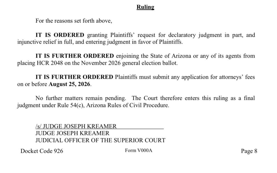 AZAGMayes's tweet photo. Republicans in the Legislature tried to trick voters by referring HCR2048 to the ballot. Disguised as protections for military families, this initiative would have undercut and nullified a voter-led initiative. The court rightfully blocked it from the ballot this morning. https://t.co/ppbDHGW45T