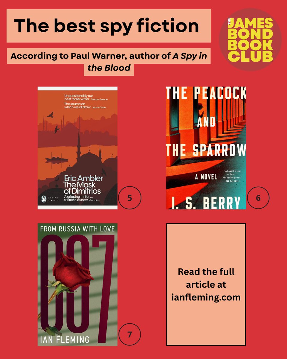 TheIanFleming's tweet photo. How many of these have you read?

Thanks to @PaulWarnerBooks, author of A Spy in the Blood, for sharing his 007 favourite spy fiction books! Book club sorted for a while… 😉

To find out more about these espionage delights and why they were the chosen few, head to: https://t.co/AlfzfewQ7v

#JamesBondBookClub #SpyFiction