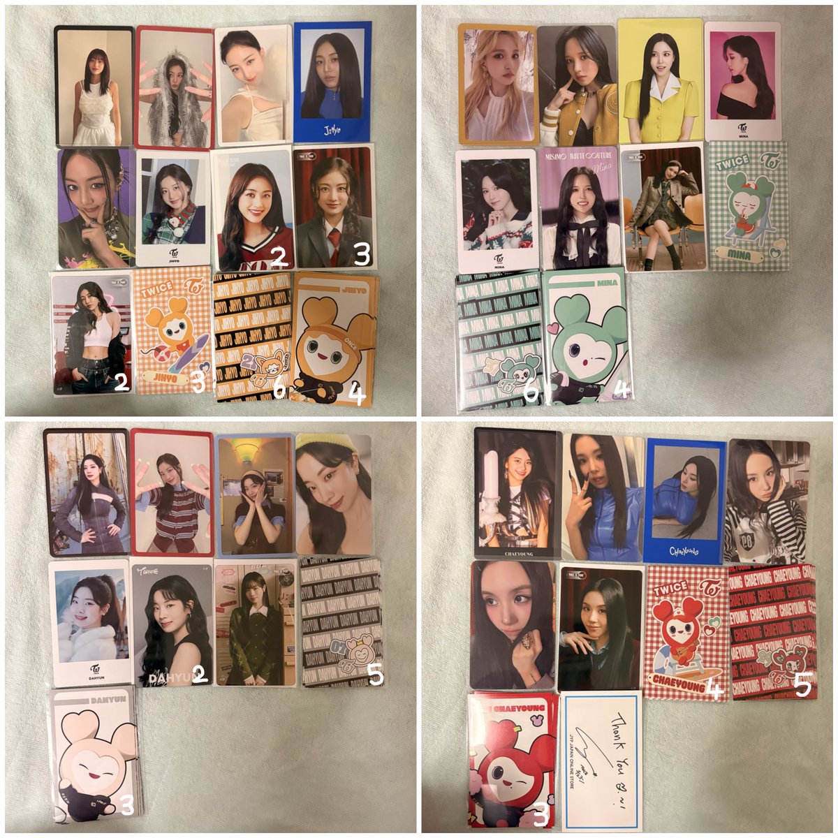 tyontsui's tweet photo. TWICE 交換　トレカ
譲り）ジヒョ・ミナ・ダヒョン・チェヨン
求め）ツウィ＞他メン
京都手渡し（1枚〜）＞郵送（複数枚〜）
レート配慮お願いします。
求めと譲りの提示必ずお願いします。
お気軽にお声掛けください🙇🏻‍♀️
#TWICE #TWICE交換 #TWICEトレカ交換 https://t.co/587zSq9Pkg