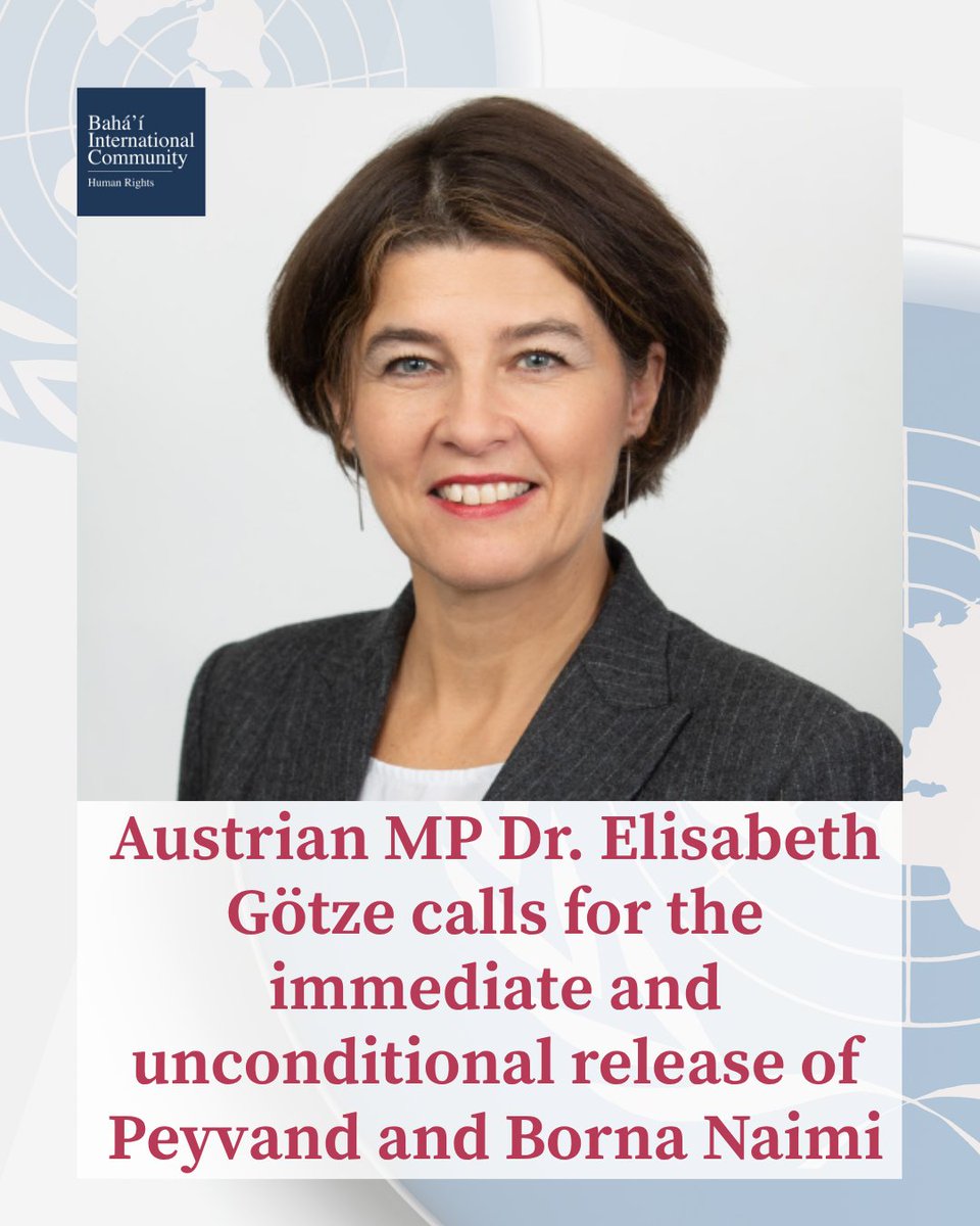 BahaiBIC_Rights's tweet photo. Austrian MP Dr. Elisabeth Götze calls for the immediate and unconditional release of Peyvand and Borna Naimi, alongside all unjustly imprisoned prisoners of conscience.

Peyvand and Borna Naimi have been arbitrarily detained since January and March 2026, respectively.

Her statement joins a growing chorus of parliamentarians and human rights advocates worldwide calling out the Iranian government's ongoing persecution and scapegoating of the Bahá'ís in Iran.

#BahaiRights #PeyvandNaimi #BornaNaimi #Iran #HumanRights