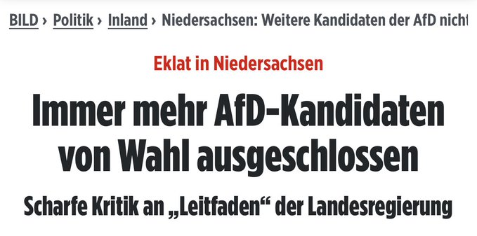 DeutscherSchfe3's tweet photo. 🌍An alle Menschen auf der ganzen Welt:

👁️Richtet euren Blick auf Niedersachsen!

🗳️Immer mehr Kandidaten der AfD – der beliebtesten Partei Deutschlands – werden von Kommunalwahlen ausgeschlossen.

Mit freundlichen Grüßen,
die demokratische Zivilgesellschaft Deutschlands✊🇩🇪

Verwendete Bild-Quelle: BILD
https://t.co/qfjfBH28C5