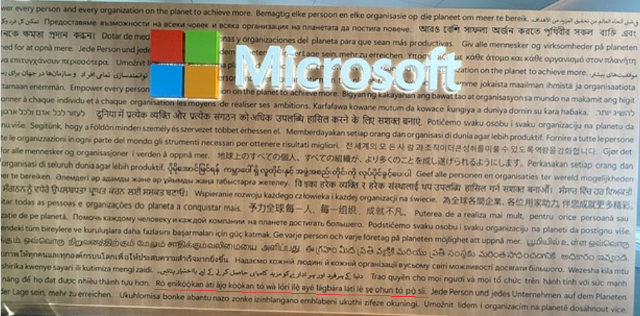 tolutee's tweet photo. I took this picture at the Microsoft Seattle Campus earlier this year. Yoruba is probably the only Nigerian language on that wall.

My colleagues of European and Asian heritage all found theirs and could read them out loud. Someone asked if my language was up there too.

Imagine if I couldn’t speak or read Yoruba. I would have been so ashamed. #Yoruba