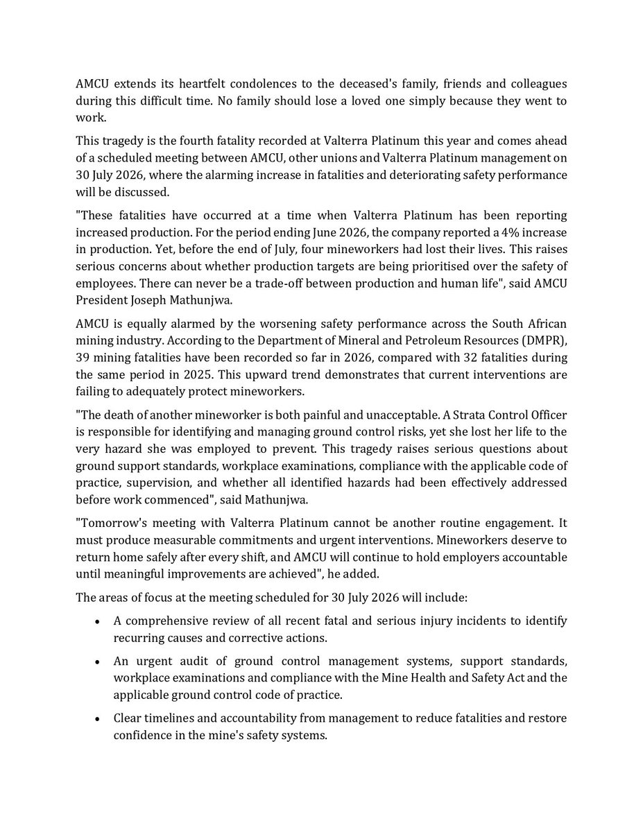 Amcumedia's tweet photo. MEDIA RELEASE

AMCU ALARMED BY FOURTH FATALITY AT VALTERRA PLATINUM

29 July 2026

SUMMARY: AMCU has learnt with deep sadness of another fatality at Valterra Platinum's Amandelbult Complex, Tumela Upper Shaft, following a fall-of-ground... read more at https://t.co/HyFxPgbfiw https://t.co/IScy6zx9NI