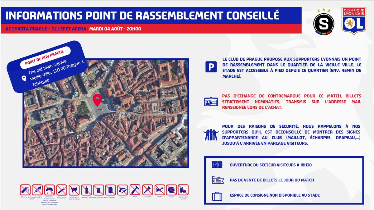 OL_service's tweet photo. 🇪🇺 Accès déplacement - @ACSparta_CZ  / @OL

Supporters, supportrices lyonnais,

Retrouvez ci-dessous votre guide pratique pour notre déplacement à Prague :

🏟️Epet Arena

📅 Mardi 4 août 2026 à 20h

🅿️ Pas de stationnement possible au stade https://t.co/FhtVEzz5Za