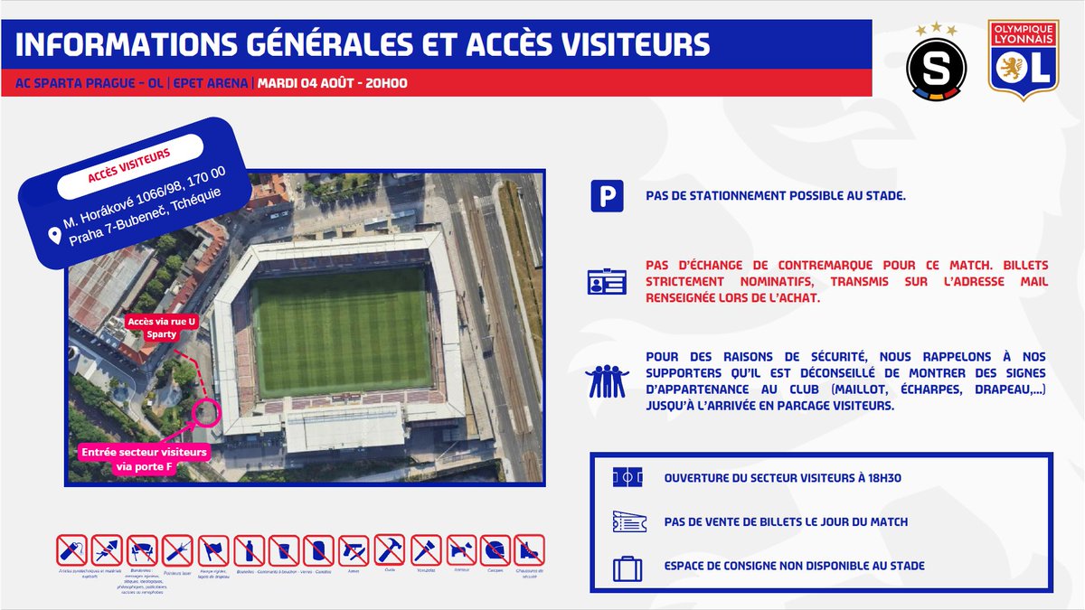 OL_service's tweet photo. 🇪🇺 Accès déplacement - @ACSparta_CZ  / @OL

Supporters, supportrices lyonnais,

Retrouvez ci-dessous votre guide pratique pour notre déplacement à Prague :

🏟️Epet Arena

📅 Mardi 4 août 2026 à 20h

🅿️ Pas de stationnement possible au stade https://t.co/FhtVEzz5Za