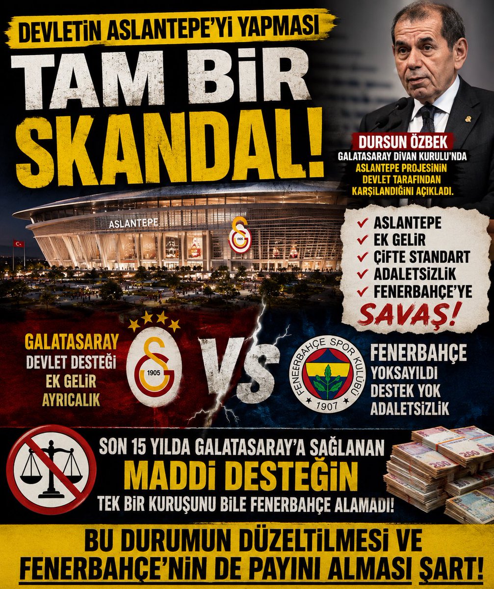 Kaya19079's tweet photo. 🚨 SON DAKİKA | TÜRK FUTBOLUNDA GÜNÜN EN ÇOK KONUŞULAN AÇIKLAMASI!

🗣️ Dursun Özbek, bugün Galatasaray Divan Kurulu’nda Aslantepe projesinin devlet tarafından karşılandığını açıkladı.

❗ Eğer bu destek Galatasaray’a sağlandıysa, akıllara tek bir soru geliyor:

❓ Fenerbahçe neden aynı desteği alamadı?

⚖️ Türk futbolunda kulüpler arasında eşitlik ilkesi nerede?
💰 Aynı devlet, farklı uygulama mı?
📢 Bu açıklama sonrası kamuoyunun cevap beklediği çok ciddi sorular var.

🚨 Bu konu sadece bir kulübü değil, Türk futbolunda adalet tartışmasını ilgilendiriyor.