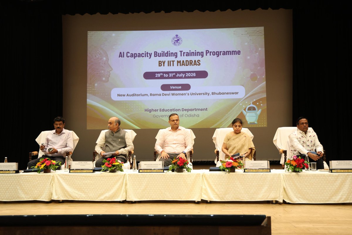 DHE_Odisha's tweet photo. Strengthening AI-driven governance in higher education.

The AI Capacity Building Training Programme commenced today at Rama Devi Women's University, Bhubaneswar, with the participation of senior officials, academic leaders, and AI experts. The inaugural session was graced by Shri Aravind Agrawal, Commissioner-cum-Secretary, Shri Kaliprasanna Mohapatra, Director, and Dr. Dharanidhar Nanda, Additional Secretary, Higher Education Department, Government of Odisha, along with Dr. S. Neethi, Professor of Practice, Department of Data Science & AI, IIT Madras, and Prof. Jyotna K. B. Rout, Vice-Chancellor, Rama Devi Women's University.

The three-day programme aims to build AI capacity among higher education officials, enabling the responsible and effective adoption of Artificial Intelligence to enhance governance, planning, academic quality, and institutional excellence across Odisha's higher education ecosystem.

#HigherEducation #Odisha #AI #ArtificialIntelligence #CapacityBuilding