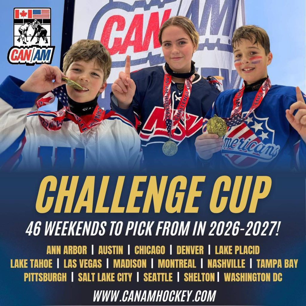 CORubberHockey's tweet photo. Registration for the 2026-27 @canamhockey Youth Challenge Cup Tournaments is now open!
Get ready for another unforgettable season of great tournament experiences!
Spots fill quickly!
🔗 https://t.co/KaZ35djGhX
#CANAMHockey #ChallengeCup #YouthHockey #HockeyTournament https://t.co/KvO3wXzm5c
