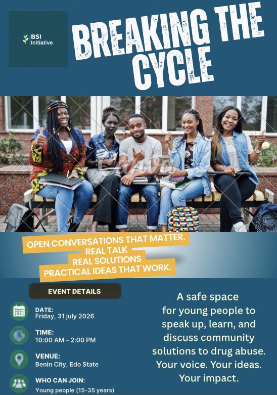 Bsinigeria1's tweet photo. Join us for 
Youth Dialogue and Action Lab on Drug Abuse happening on Friday 31st July 2026, 10:00 AM at SMILES AFRICA OFFICE:, 224 Second East Circular Road, Benin City, Faith motors as closest landmark. 

Fill form: 
https://t.co/ZKhp9eyuty
We look forward to seeing you. https://t.co/RI40ms41Kv