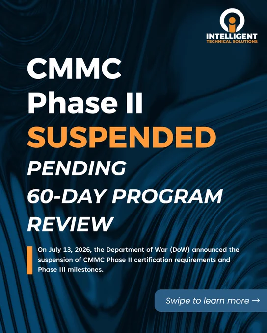 Carousel explaining CMMC Phase II suspension, defense compliance updates, DFARS requirements, and contractor guidance.