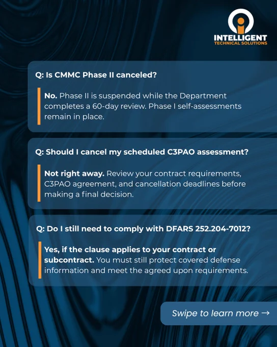 Carousel explaining CMMC Phase II suspension, defense compliance updates, DFARS requirements, and contractor guidance.