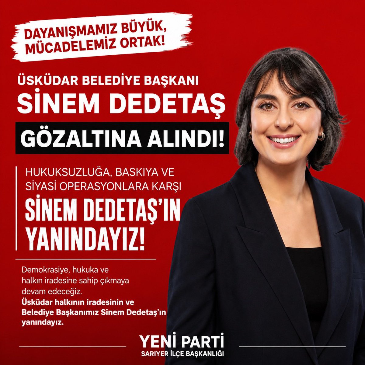 YeniPSariyer's tweet photo. Üsküdar halkının iradesinin ve Belediye Başkanımız Sayın Sinem Dedetaş’ın yanındayız. https://t.co/FZUJ9mY1tp