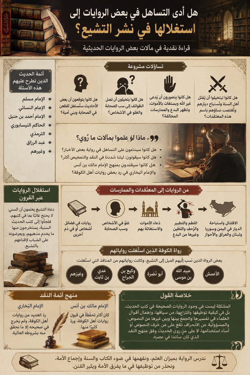 RaedMohammbedd's tweet photo. هل لو رأى أئمة الحديث واقعنا اليوم لأعادوا النظر في بعض ما رووه؟

يطرح هذا المقال تساؤلًا افتراضيًا يدعو إلى التأمل في مآلات بعض الروايات الحديثية، وكيف استُغلت عبر التاريخ في ترسيخ أفكار ومعتقدات لم يقصدها أصحاب كتب الحديث.

تساؤلات تستحق التأمل

لو أن الإمام مسلم، والإمام النسائي، والإمام أحمد بن حنبل، والحاكم النيسابوري، والترمذي، وعبد الرزاق، وغيرهم من أئمة الحديث، اطّلعوا على ما يجري في عصرنا، فهل كانوا سيتوقعون أن بعض الأحاديث التي أودعوها في مصنفاتهم ستصبح وسيلة يستدل بها على الغلو في الأشخاص والطعن في خيار الأمة؟

وهل كانوا يتصورون أن روايات في فضائل علي بن أبي طالب والحسين بن علي رضي الله عنهما، أو روايات يُفهم منها الطعن في بعض الصحابة أو بني أمية، ستُستغل في إقناع أعداد كبيرة من أهل السنة باعتناق التشيع، حتى انتهى الأمر ببعضهم إلى سب الصحابة والغلو في آل البيت؟

من الفضائل إلى الغلو

لم يقف الأمر – بحسب هذا الطرح – عند مجرد تفضيل بعض الشخصيات، بل تجاوزه عند بعض الطوائف إلى دعاء غير الله، والاستغاثة بالأموات، ومظاهر اللطم والتطبير والزحف والتطين، وغيرها من الممارسات التي يعدها جمهور أهل السنة من البدع.

كما يربط أصحاب هذا الرأي بين هذا المسار وبين ما شهدته بعض البلدان، مثل اليمن وسوريا ولبنان والعراق والأحواز، من صراعات ارتبطت بجماعات تتبنى هذه المعتقدات.

هل كانوا سيندمون؟

يثير هذا الواقع سؤالًا آخر:

لو علم أولئك الأئمة بما ستؤول إليه بعض الروايات بعد قرون، فهل كانوا سيشتدون أكثر في نقد الأسانيد وتمحيص الروايات؟ وهل كانوا سيقولون: ليتنا لم نروِ إلا ما قامت عليه الحجة بأعلى درجات الثبوت؟

ومنهج مالك والبخاري

ويرى أصحاب هذا الطرح أن الإمام مالك بن أنس والإمام البخاري كانا أكثر تشددًا في التعامل مع طائفة من روايات أهل الكوفة، ويتساءلون: لو رأى بقية المحدثين ما آلت إليه الأمور، أما كانوا سيسلكون المنهج نفسه في مزيد من الاحتياط؟

استغلال كتب أهل السنة

ويذهب هذا الرأي إلى أن دعاة التشيع يدركون أن السني لا يحتج غالبًا بما في كتبهم، ولذلك يلجؤون إلى كتب الحديث السنية، فيستخرجون منها الروايات التي تخدم مذهبهم، ثم يعرضونها على الشباب لإقناعهم بالتشيع.

ويُذكر في هذا السياق عدد من الرواة الذين نُسب إليهم التشيع، مثل: الأعمش، وعدي بن ثابت، ووكيع بن الجراح، وأبي نضرة، وعبيد الله بن موسى، وغيرهم من رواة الكوفة، باعتبار أن بعض رواياتهم أصبحت – وفق هذا الطرح – مدخلًا يستند إليه دعاة التشيع في الاستدلال.

خاتمة

تبقى هذه الأسئلة من قبيل التأمل في مآلات الروايات وكيفية توظيفها عبر العصور، وهي تطرح قضية مهمة تتعلق بضرورة التمييز بين صحة الرواية من جهة، وبين طريقة توظيفها واستغلالها من جهة أخرى، مع التأكيد على أن مسؤولية الانحراف تقع على من حرّف النصوص أو أساء استخدامها، لا على مجرد وجود الرواية في كتب الحديث.