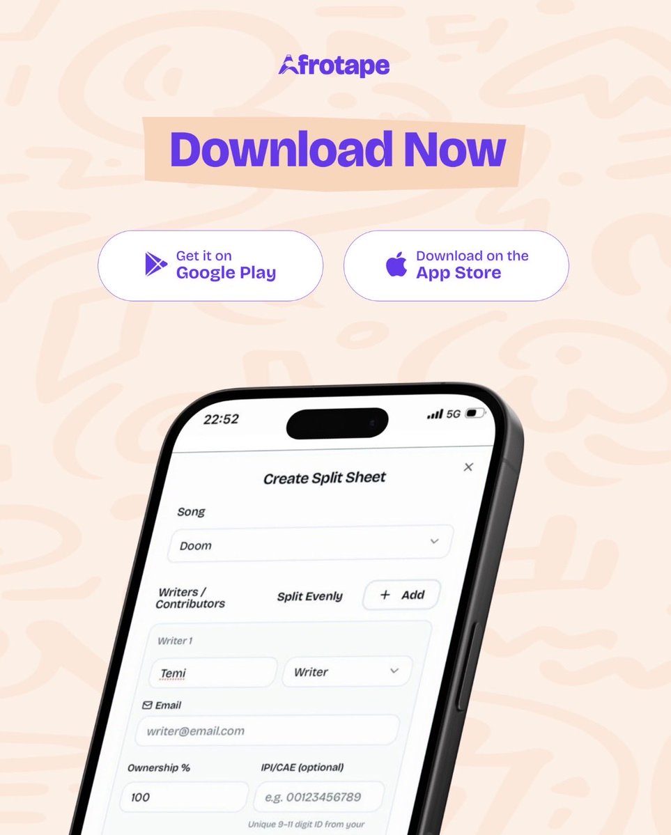 afrotape_app's tweet photo. Every great collaboration starts with clear ownership.

Create and manage digital split sheets on AFROTAPE to protect every contributor from day one.

📲 Download AFROTAPE on the App Store and Google Play. https://t.co/C9ys5VQL7D