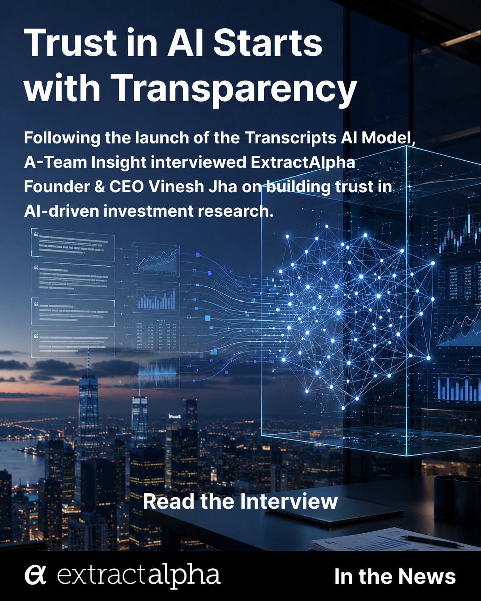 ExtractAlpha's tweet photo. AI has changed how investment signals are built. It hasn't changed how they should be evaluated. @ATeamInsight spoke with ExtractAlpha Founder &amp; CEO Vinesh Jha about transparency, signal crowding, validation, and trust in AI-driven investing. Read post: https://t.co/nZEMstR0I9 https://t.co/H1Lu3edkJP