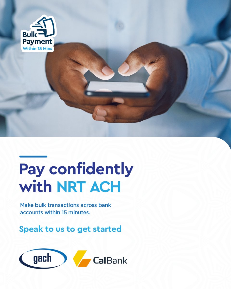 CalBankPLC's tweet photo. Simplify your business payments with NRT ACH. Enjoy fast bulk transfers across bank accounts in as little as 15 minutes. Speak to us today.
#LifeSimplified #CalBank #ForwardTogether https://t.co/AXREeX9DYD
