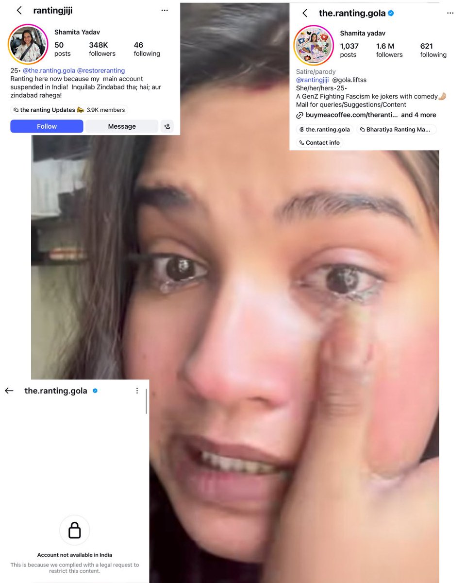 tathvamasi6's tweet photo. Ranting gola’s insta account is withheld in India, again.

Her large account 1.6M was withheld first, then she created another account which garnered 348K followers and now that’s also withheld.

Now she isn’t able to make any money and crying inconsolably 😭😭😭

Does she deserve sympathy? Or does she deserve suspension? I think suspension is better. What do you think? 🤣🤣🤣😊