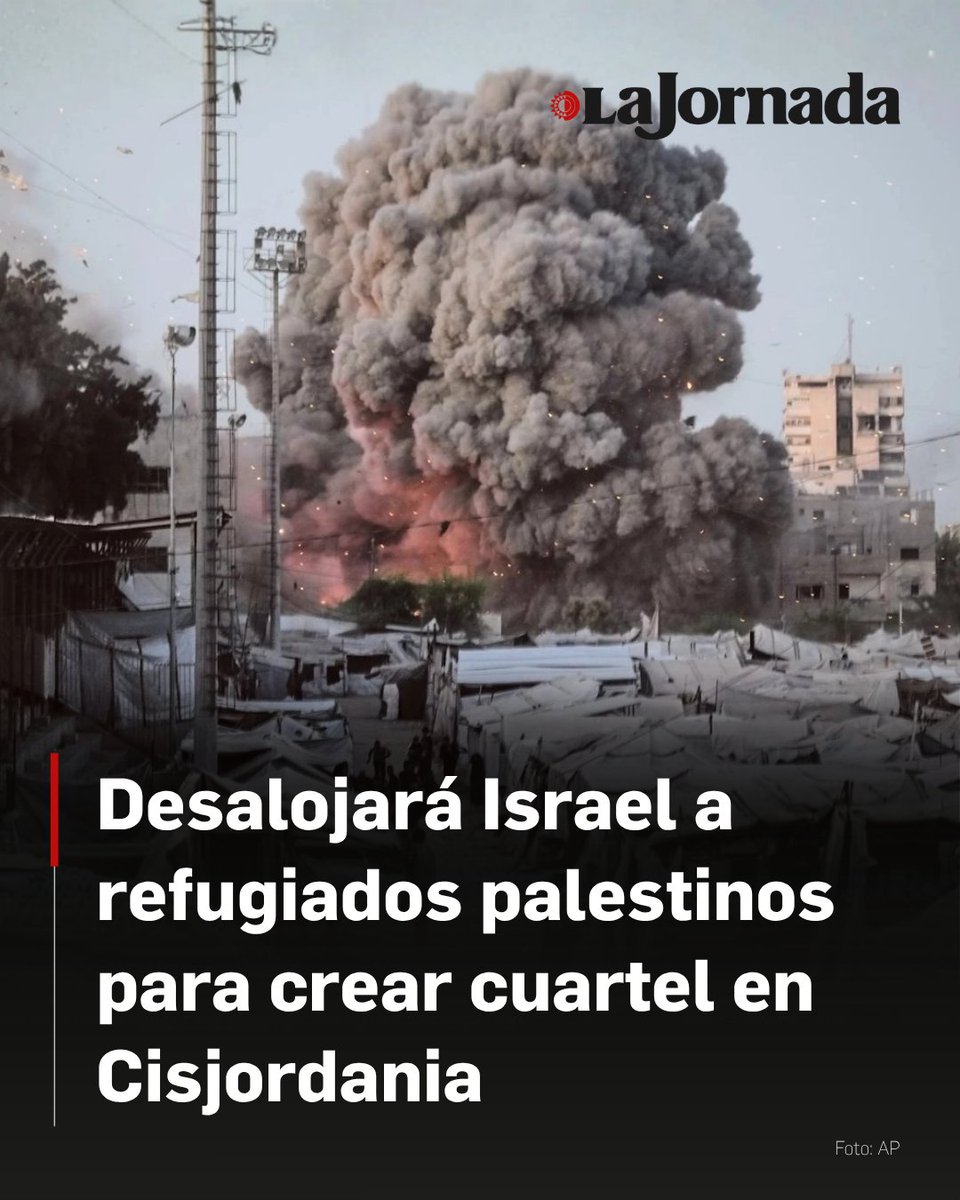 lajornadaonline's tweet photo. Al aumentar las operaciones militares en Cisjordania reocupada, el ministro israelí de Defensa, Israel Katz, ordenó ayer al ejército tomar el control de otro campo de refugiados palestinos, al tiempo que fuerzas de Tel Aviv demolieron 11 viviendas y trasladaron más casas móviles a un puesto de control con el fin de ampliar sus planes de asentamiento, en medio de su expansión territorial ilegal para evitar la creación de un Estado palestino.

Katz afirmó que instruyó al ejército israelí ampliar la ofensiva militar en Cisjordania reocupada y capturar otro campamento de refugiados palestinos cerca de Nablús, donde desalojarán a sus habitantes para que las fuerzas israelíes se instalen de forma permanente.

Más información en: https://t.co/Tm9EBMX1dO